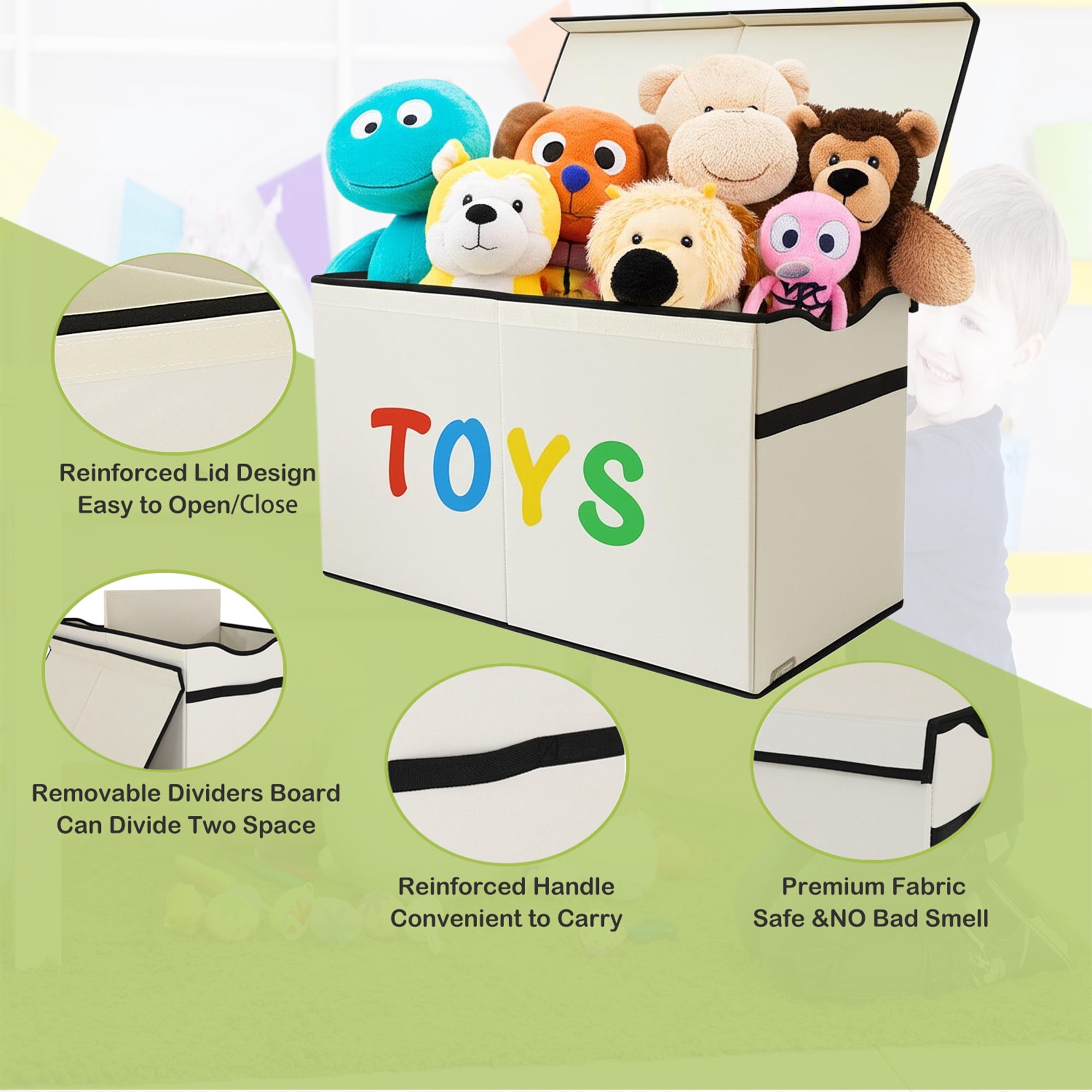 VICTORICH Space-Saving Toy Chest, 32 gal Extra Large Collapsible Toy Storage Bins with Lids for Kids Playroom, Beige
