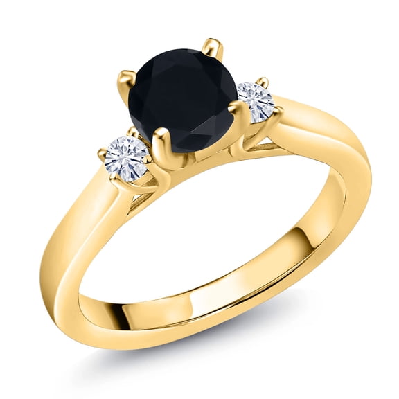 Gem Stone King 18K Yellow Gold Plated Silver Black Onyx and White Moissanite 3-Stone Engagement Ring for Women (0.93 Cttw, Round 6MM, Gemstone December Birthstone, Size 8)