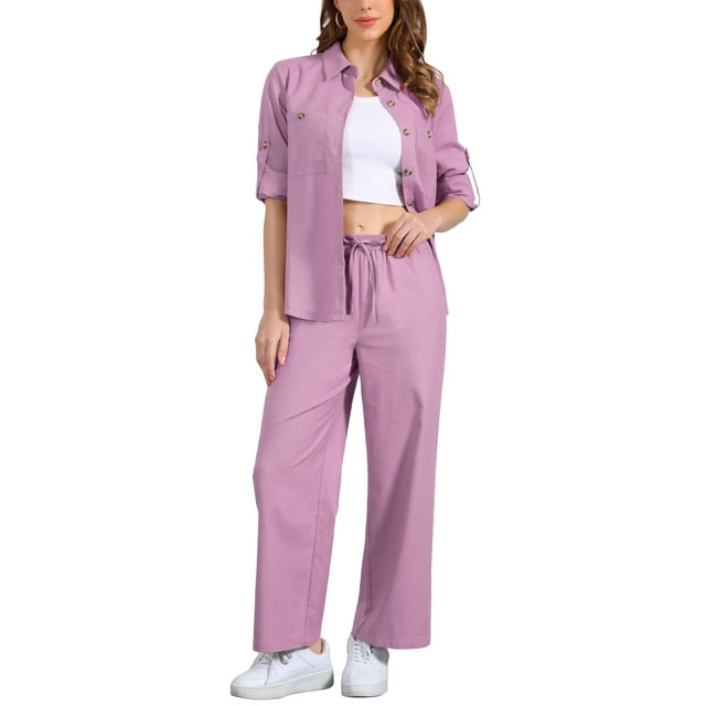 Conjunto de lino de 2 piezas para mujer INSPIRE CHIC, camisa de botones y pantalones de pierna ancha con cordón, atuendo casual, L rosa púrpura
