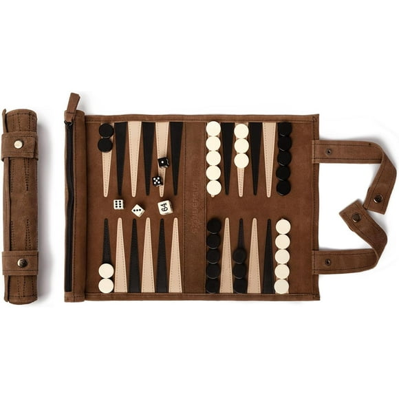 Sondergut Jeu de Backgammon en Daim Portable - Idéal pour Voyage en RV, Croisière, Avion, Camping, Randonnée, Voyages, Etc. Plusieurs Couleurs (Mocha)