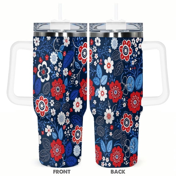 40oz Patriotic Floral Red White Blue Flowers Botanical Navy Insulated Tumbler with Handle and Straw Travel Cup Car Cup