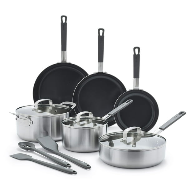GreenPan x Bobby Flay Juego de ollas y sartenes de acero inoxidable de 12 piezas, triple capa de grado profesional, antiadherente de cerámica sin PFAS, apto para inducción, apto para lavavajillas y ho