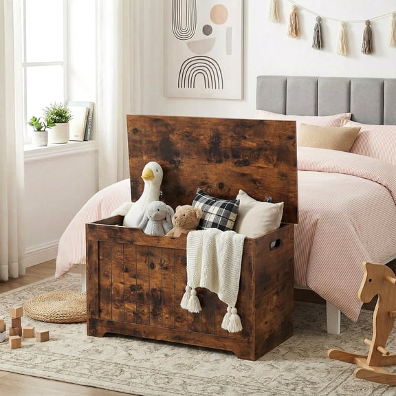 SuperDeal 30-Inch Lift Top Storage Chest Wooden Home Organizer Bench with Safety Hinged Lid Large MDF Toy Box Entryway Bedroom Living Room, Rustic Brown
