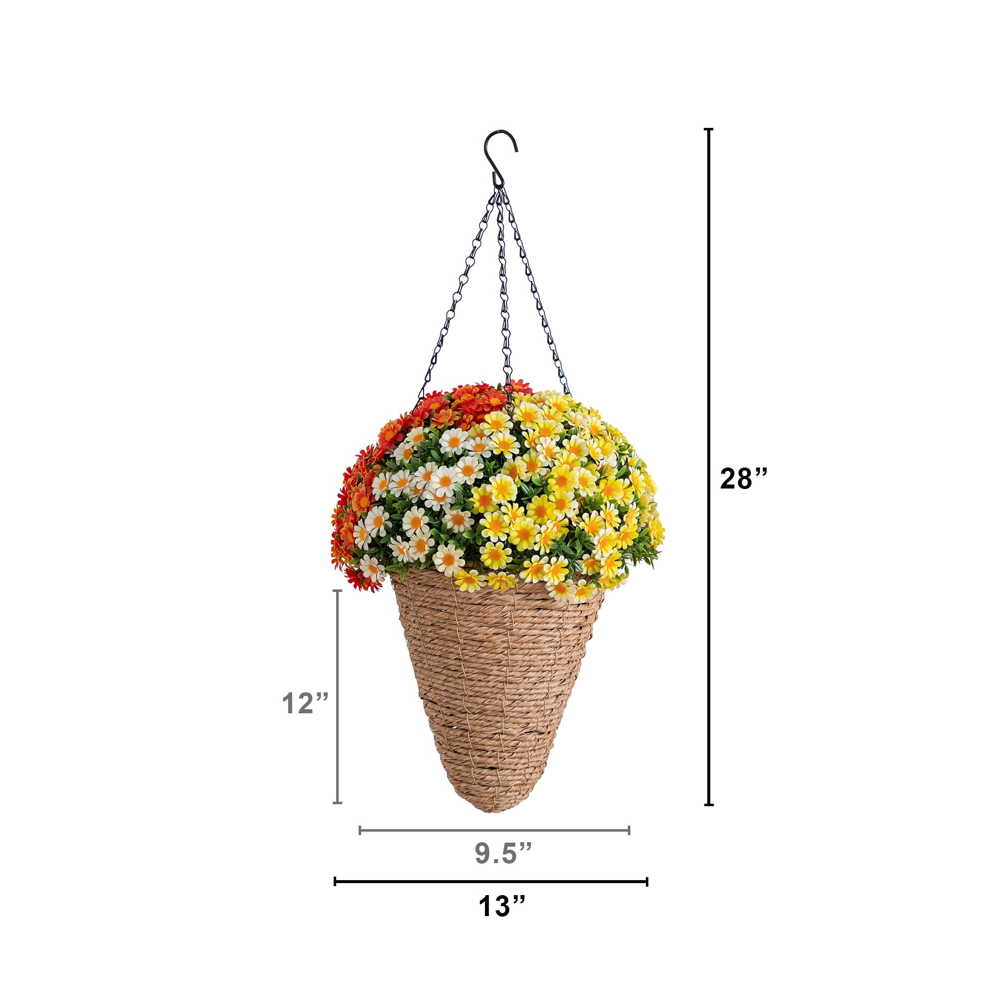 28in. UV Resistant Autumn Artificial Fall Mixed Daisy in Cone Hanging Basket (Indoor/Outdoor)