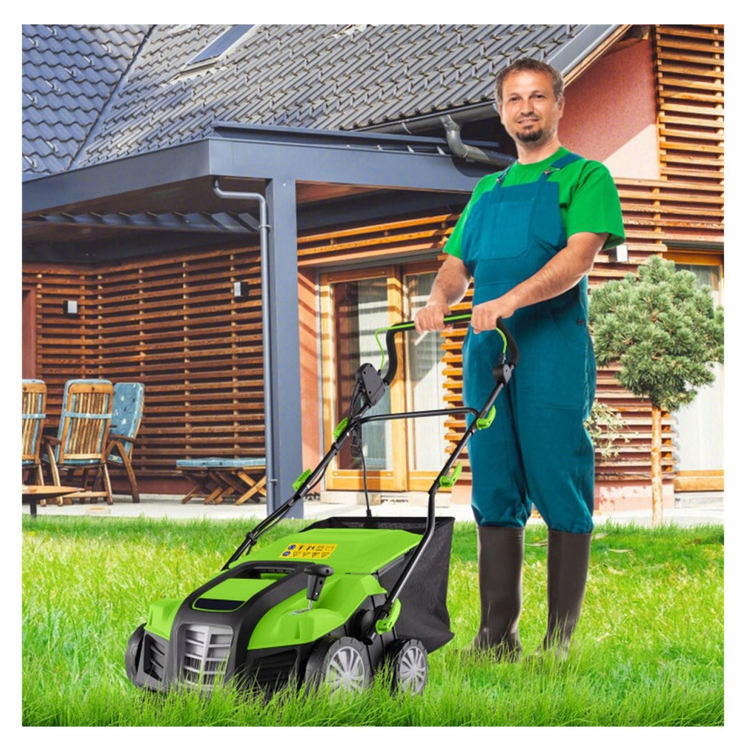 Electric Lawn Dethatcher, 16-Inch Corded Scarifier, 2-in-1 Adjustable Dethatching Machine with Grass Bag for Lawn Care - Green