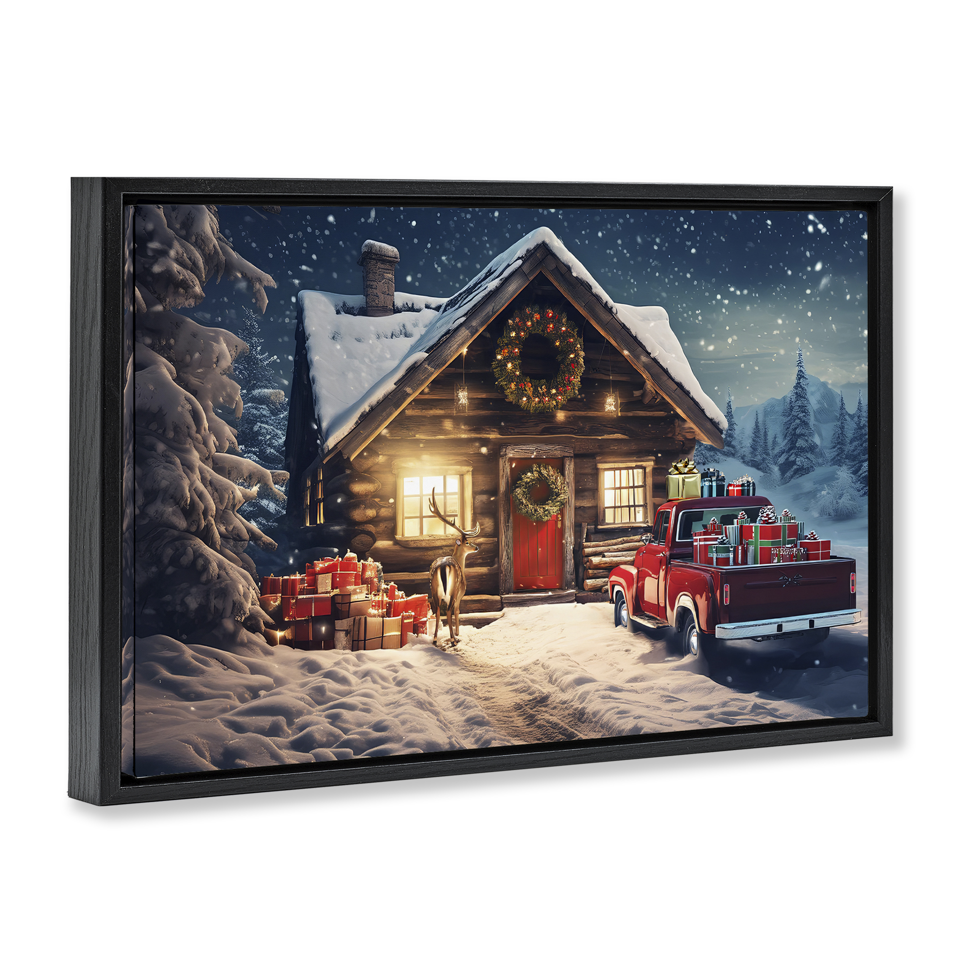 Stupell Industries Woodsy Holiday Cabin Holiday Painting Black Floater Framed Canvas Art Prints Wall Art, 31 x 21
