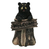 Whimsical Forest Black Bear On Tree Log Holding Welcome Plank Sign Figurine 7"H