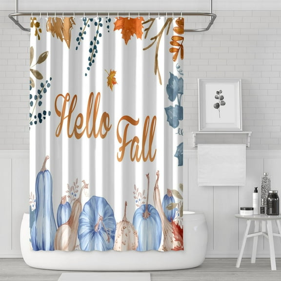 Hello Fall Farmhouse Pumpkins Eucalyptus Leaves Shower Curtain,Reusable Show Curtain with Hooks Vintage Polyester Fabric Bathroom Curtains for Bathroom Bathtub Autumn Holiday
