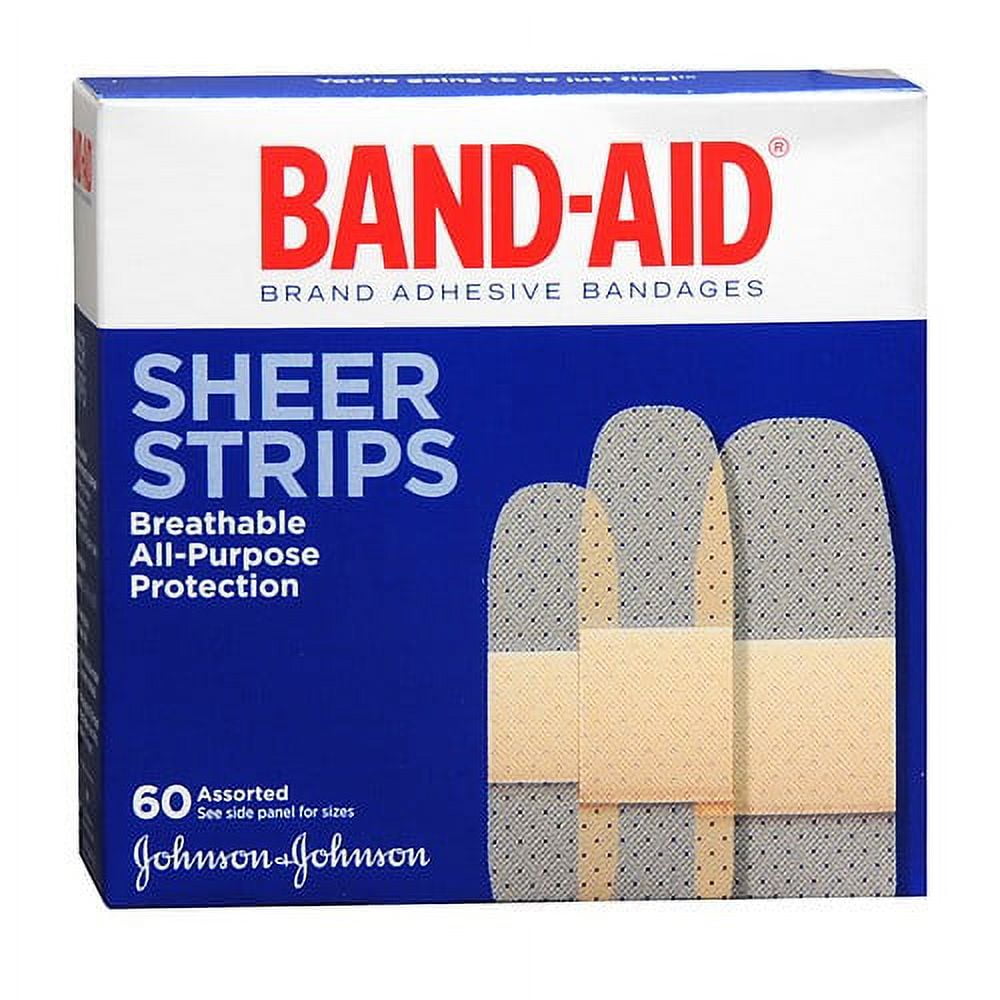 Band Aid Brand Adhesive Bandages Sheer Strips, Assorted Sizes, 60 Ct