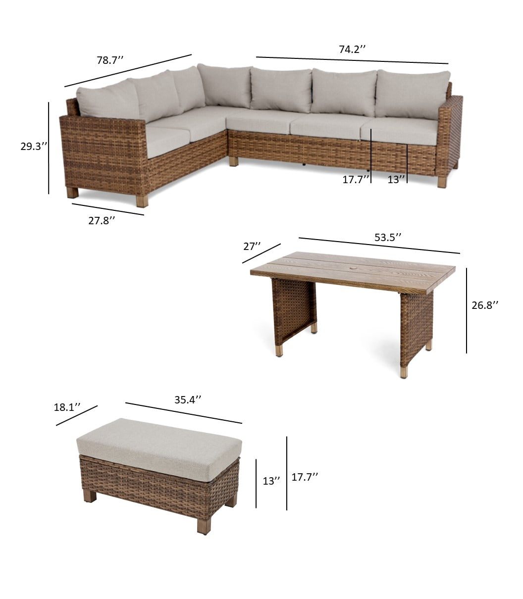 Better Homes & Gardens Brookbury 4-Piece Outdoor Wicker Patio Sectional Dining Set, Beige Cushions