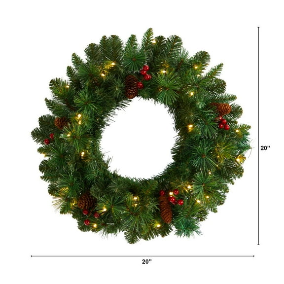 Nearly Natural 20in. Frosted Pine Artificial Christmas Wreath with Pinecones, Berries and 35 Warm White LED Lights