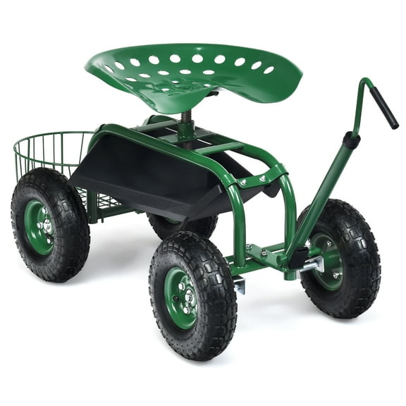 Costway Garden Cart Rolling Work Seat for Planting with Extendable Handle Green