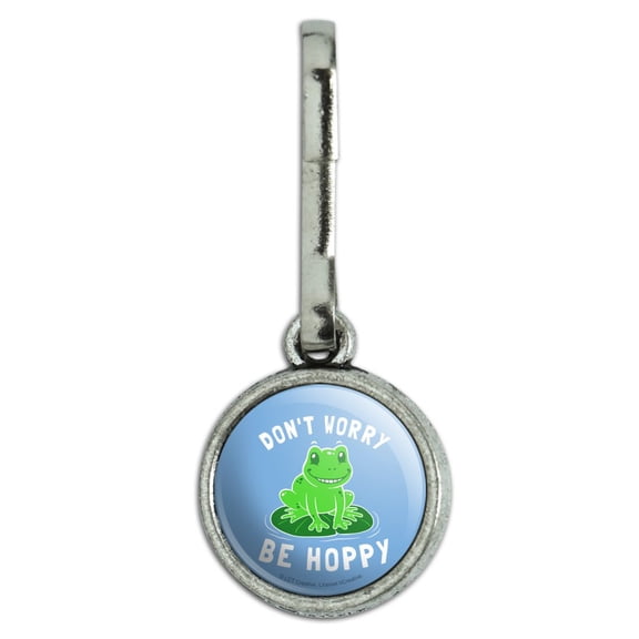 Don't Worry Be Hoppy Frog Funny Humor Antiqued Charm Clothes Purse Suitcase Backpack Zipper Pull Aid