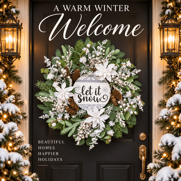 24 Inch Christmas Wreath with “Let It Snow” Wooden Sign, Snow-Flocked Greenery, White Flowers, Berries and Pine Cones, Winter Holiday Front Door Decor