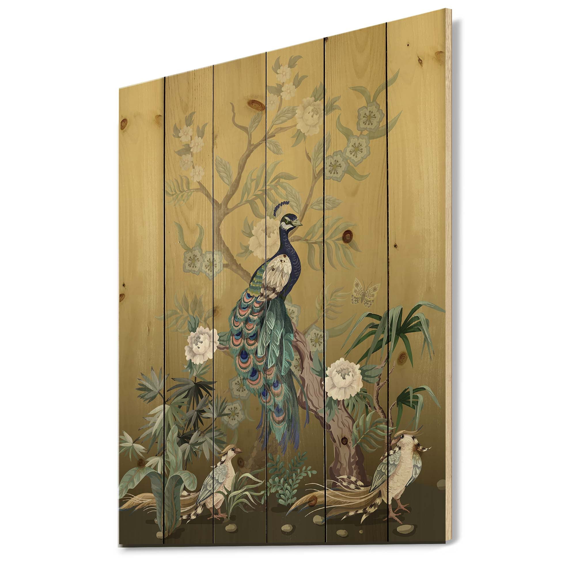 Designart 'Chinoiserie With Peonies and Birds VI' Traditional Print on Natural Pine Wood