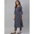 thumbnail image 4 of Jansaya Indian V-Neck 3/4 Sleeve Block Print Navy Blue Cotton Straight Kurta with Pant For Women, 4 of 8
