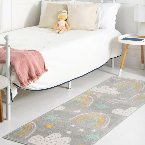 Unique Loom Whimsy Kids Collection Area Rug - Rainbow, Stars, And Clouds (2' 2" x 3' 11" Runner Gray/Ivory) Perfect For Kids Bed Room/Nursery Room/Living Room/Class Room/Play Room
