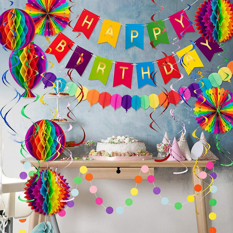  Birthday Party Decorations Pack Colorful Happy Birthday Banner,  Honeycomb Balls, Tissue Paper Tassel, Pennants Banner, Confetti and Hanging  Swirl for Party Decoration : Toys & Games