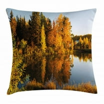 Fall Decor Throw Pillow Cushion Cover, Lake in Sunset Rays Autumn Landscape Pond Woodland Outdoors Ecology Environment, Decorative Square Accent Pillow Case, 16 X 16 Inches, Multicolor, by Ambesonne