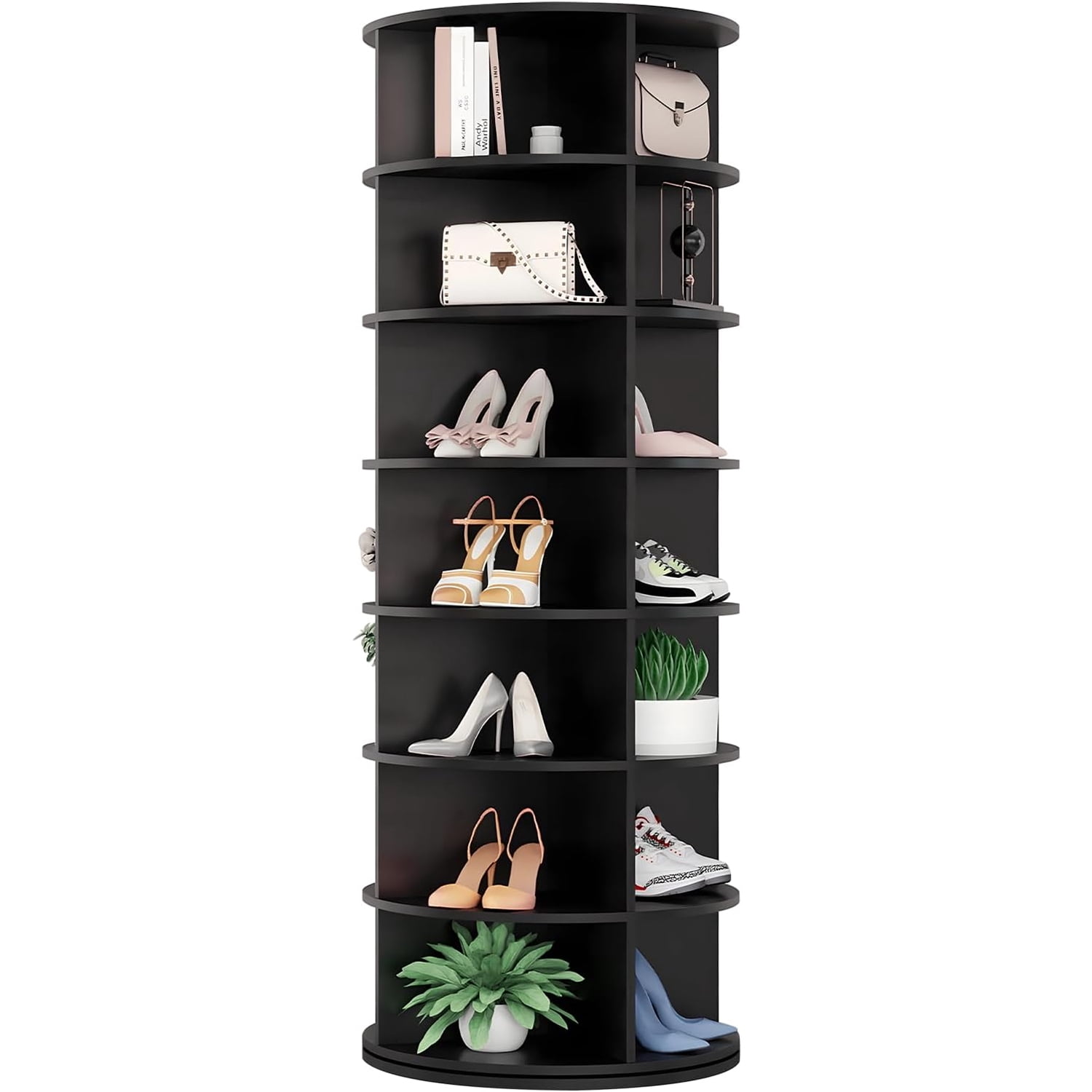Freestanding 7 Tier Rotating Shoe Rack Tower Tall & Easy Assembly, Spinning Shoe Display Lazy Susan Space-Saving, Revolving 360 Shoe Rack Storage Round Carousel, Vertical Handbag Rotate Shoes Closet