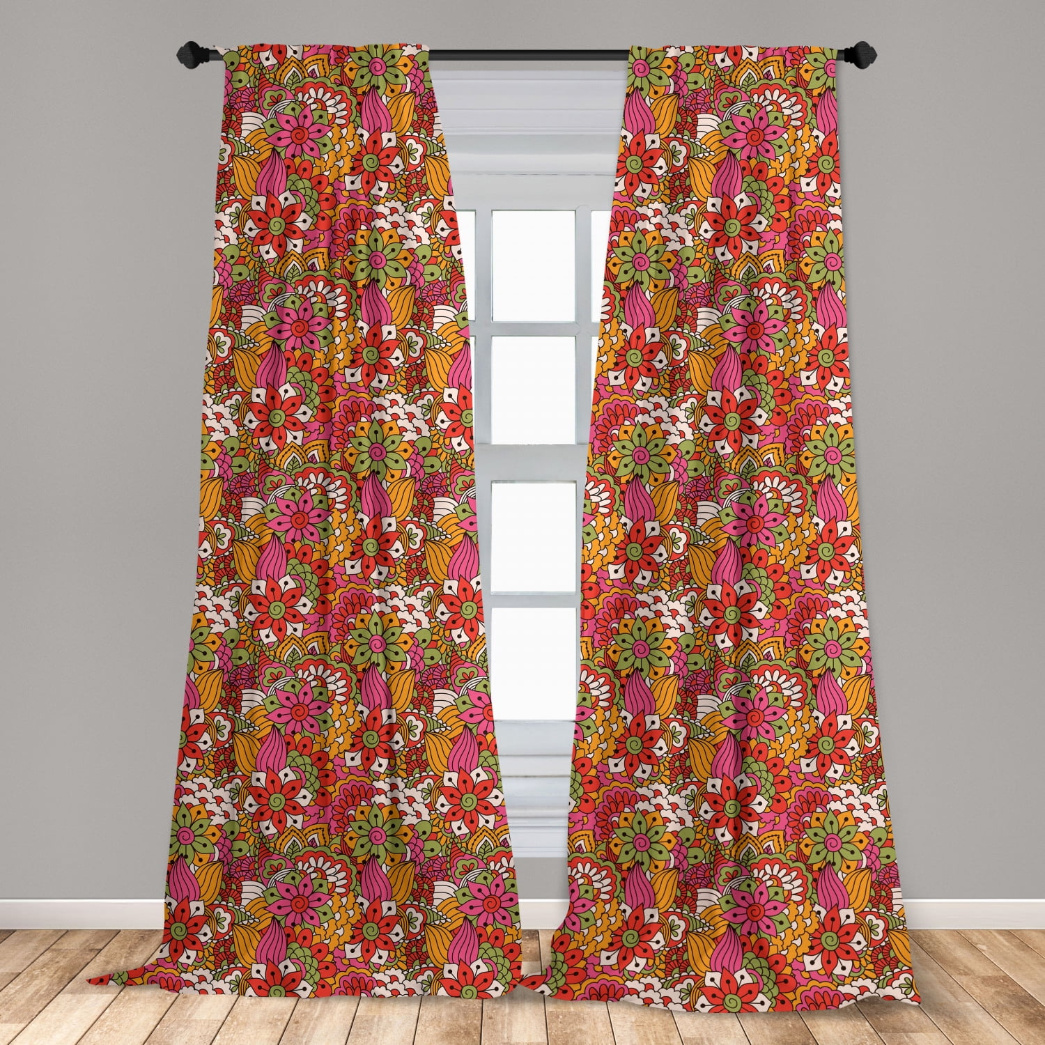 Colorful Curtains 2 Panels Set, Pattern with Floral Elements Vibrant ...