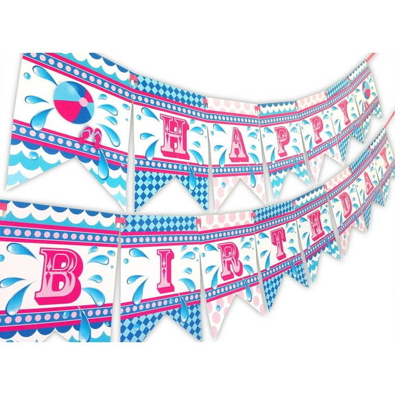 Splish Splash Pink Happy Birthday Banner Pool Party Pennant