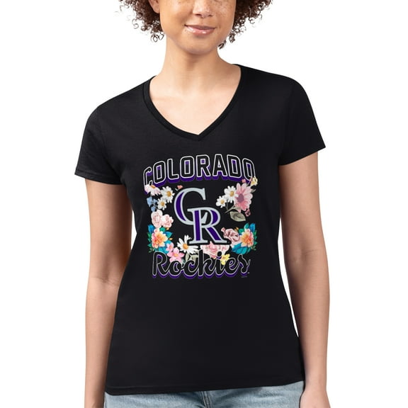 Women's G-III 4Her by Carl Banks Black Colorado Rockies Super-Slim Fit Lightweight Flowers Graphic V-Neck T-Shirt