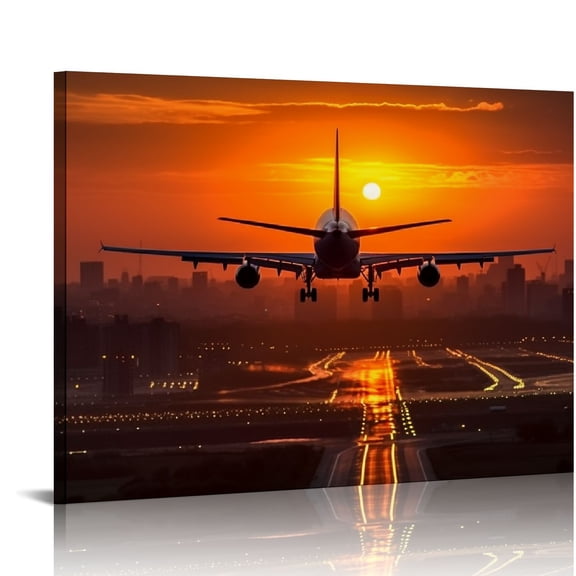 JRXY  Canvas Wall Art Vintage Airplane Wall Picture Sunset Airport Prints on Canvas Giclee Wall Art Decor Stretched and Framed Artwork Painting for Living Room Poster Ready to Hang 20x16in
