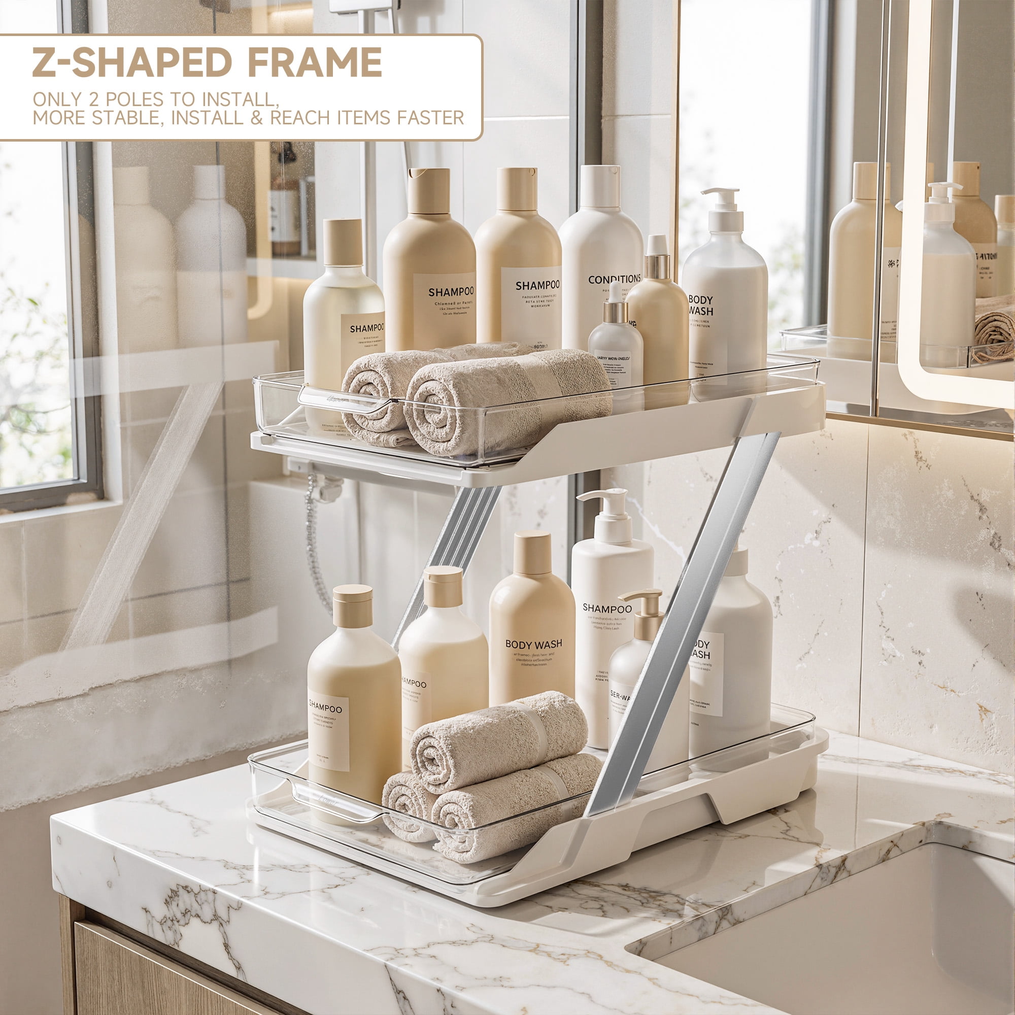Delamu 2 Pack Under Sinks Organizers and Storage, Multi-Purpose, 2-Tier Clear Pull Out Organization for Bathroom, Kitchen
