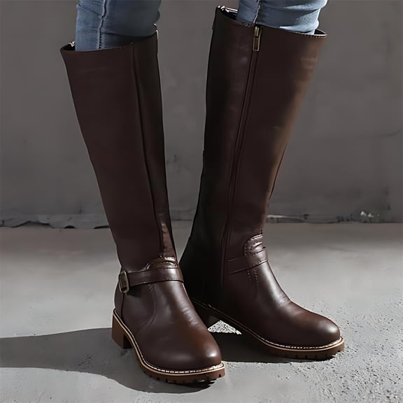 Willtoo Women's Knee High Boots Low Heel Wide Calf Tall Riding Boots Side Zipper Adjustable Buckle Strap Knight Boot Motorcycle Shoes