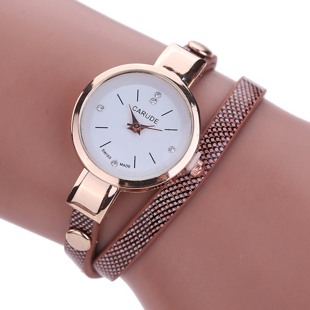 Reloj de cuarzo con banda envuelta estrecha de cuero PU de moda Reloj femenino con diamantes de imitación (marrón)