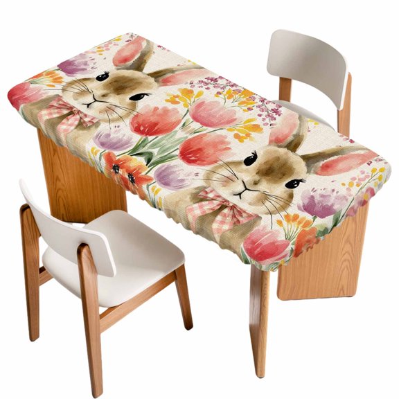 Easter Rabbit Table Cloths for 6 Foot Rectangle Tables, Rustic Tulips Flowers Vintage Botanical Patio Waterproof Elastic Fitted Tablecloths, Washable Rectangular Table Cover for Camping