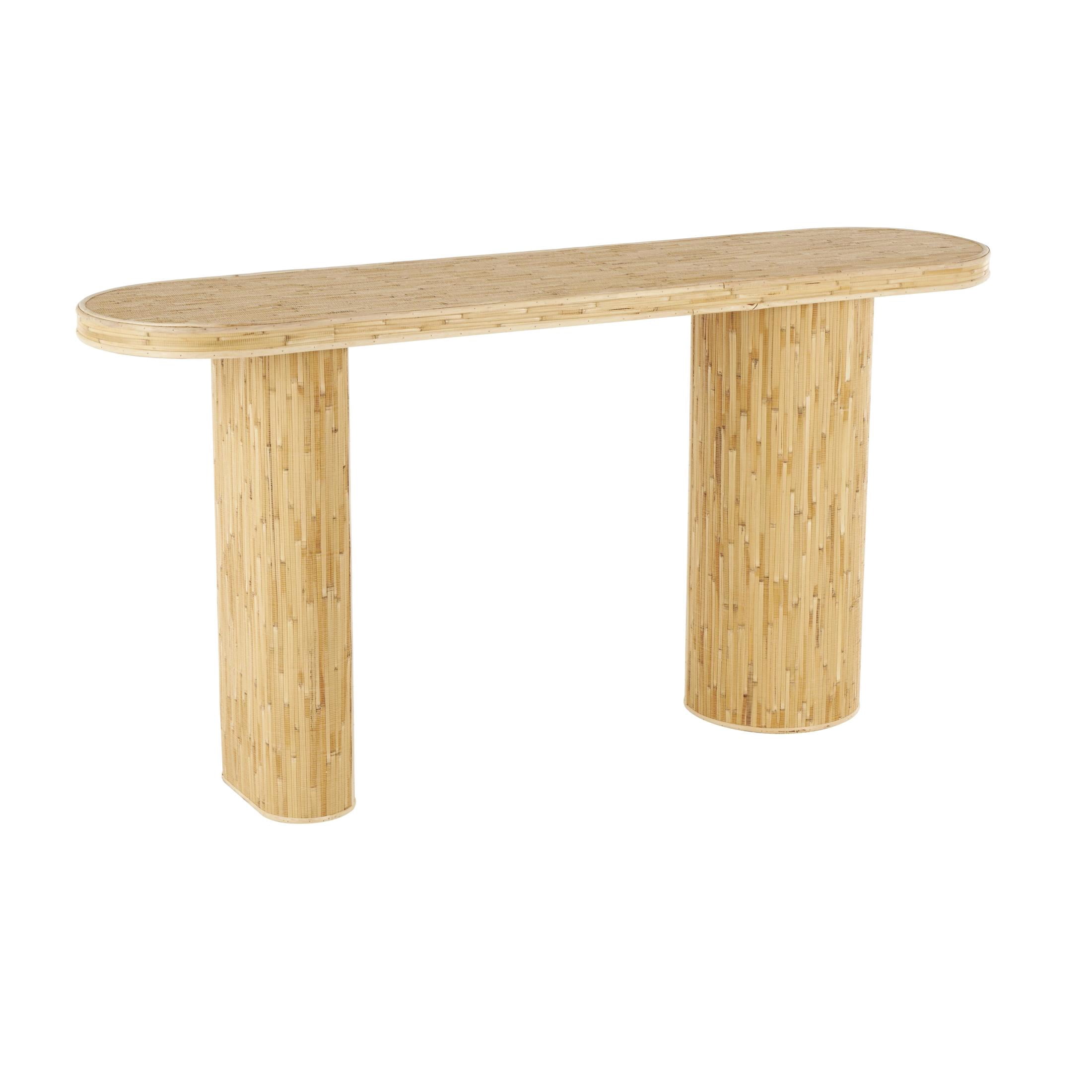 DecMode 64" x 32" Brown Rattan Handmade Textured Oval Console Table with Linear Wood Strip Design, 1-Piece