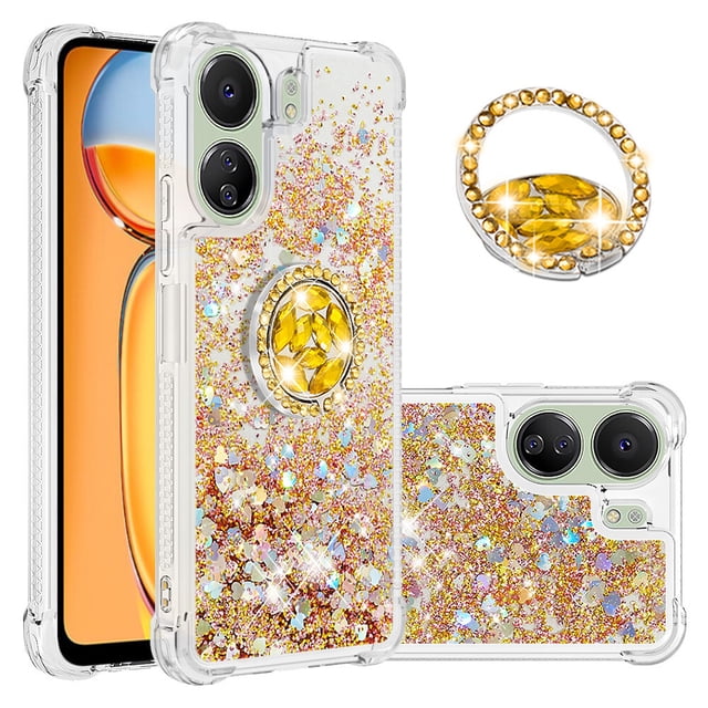 Funda para Xiaomi Redmi 13C 4G con Brillo Líquido Flotante, Purpurina, Parachoques y Anillo Giratorio Soporte
