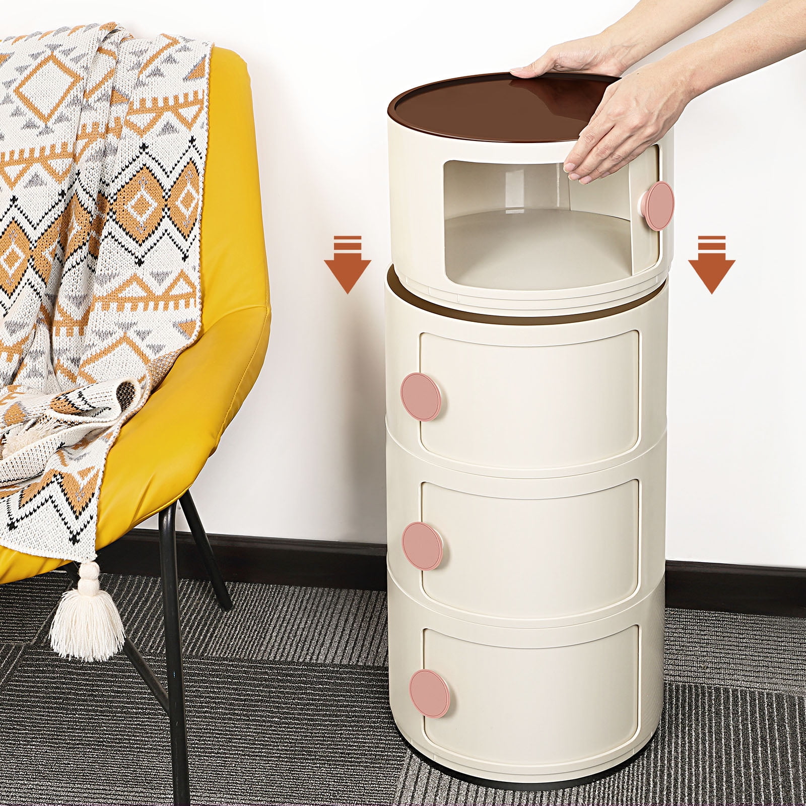 4 Drawer Sliding Barrel Modern Bedroom Nightstand, Beige