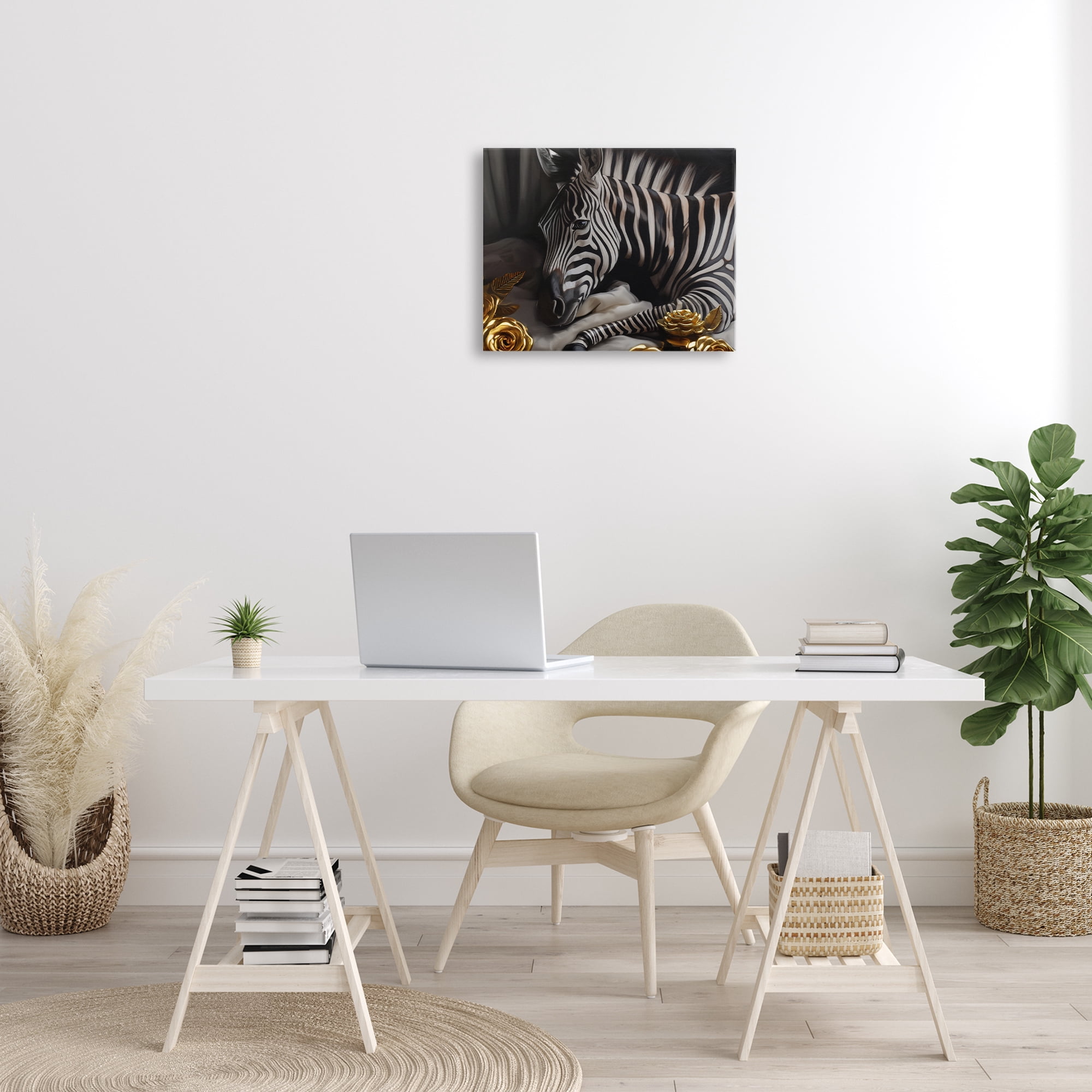 Stupell Industries Zebra with Gold Flowers Animals Painting Wrapped Canvas Art Print Wall Art, 20 x 16