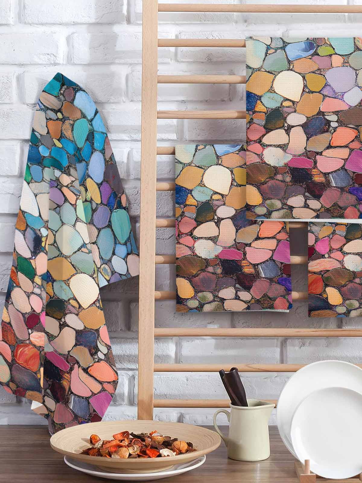 Colorful Stone Hand Towels Set,Waffle Weave Kitchen Towels 2 Pieces,Microfiber Hair Face Bath Tea Towel Absorbent Quick Drying Cleaning Dish Cloths,Rainbow Abstract Oil Painting Brushwork 15.7"x23.6"