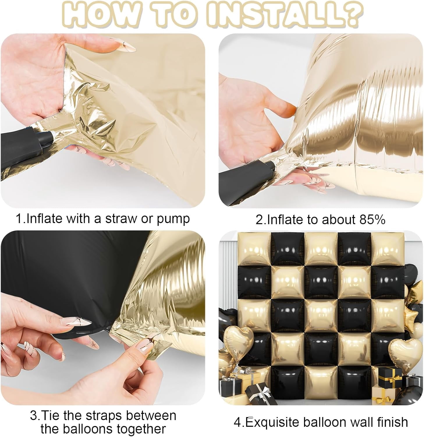 Black Gold Square Foil Balloon Wall,25Pcs Champagne Gold Double Sided Foil Balloons Backdrop Helium Tunnel Arch Garland Kit for New Year Eve Birthday Bridal Anniversary Graduations Party Decorations