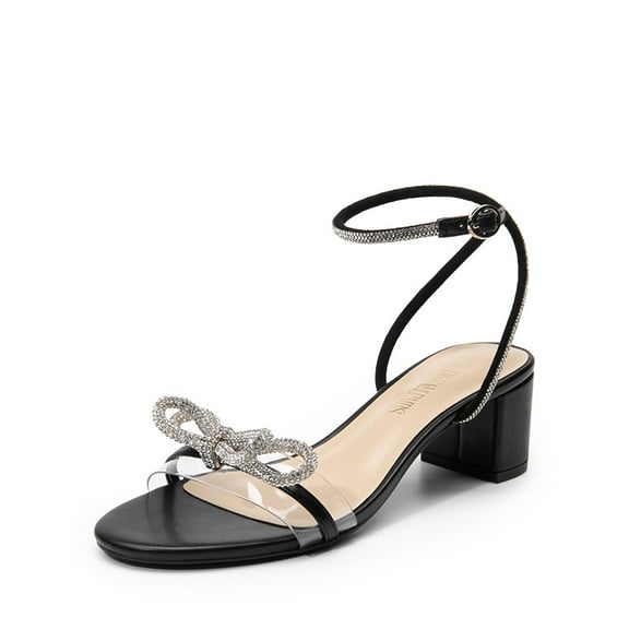 Women's Rhinestone Bow Block Heel Sandals with Wraparound Ankle Strap and Clear Strap