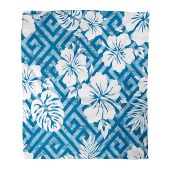 KDAGR Throw Blanket Warm Cozy Print Flannel Blue Flower Hawaiian Pattern Aloha Greek Key Comfortable Soft for Bed Sofa and Couch 50x60 Inches