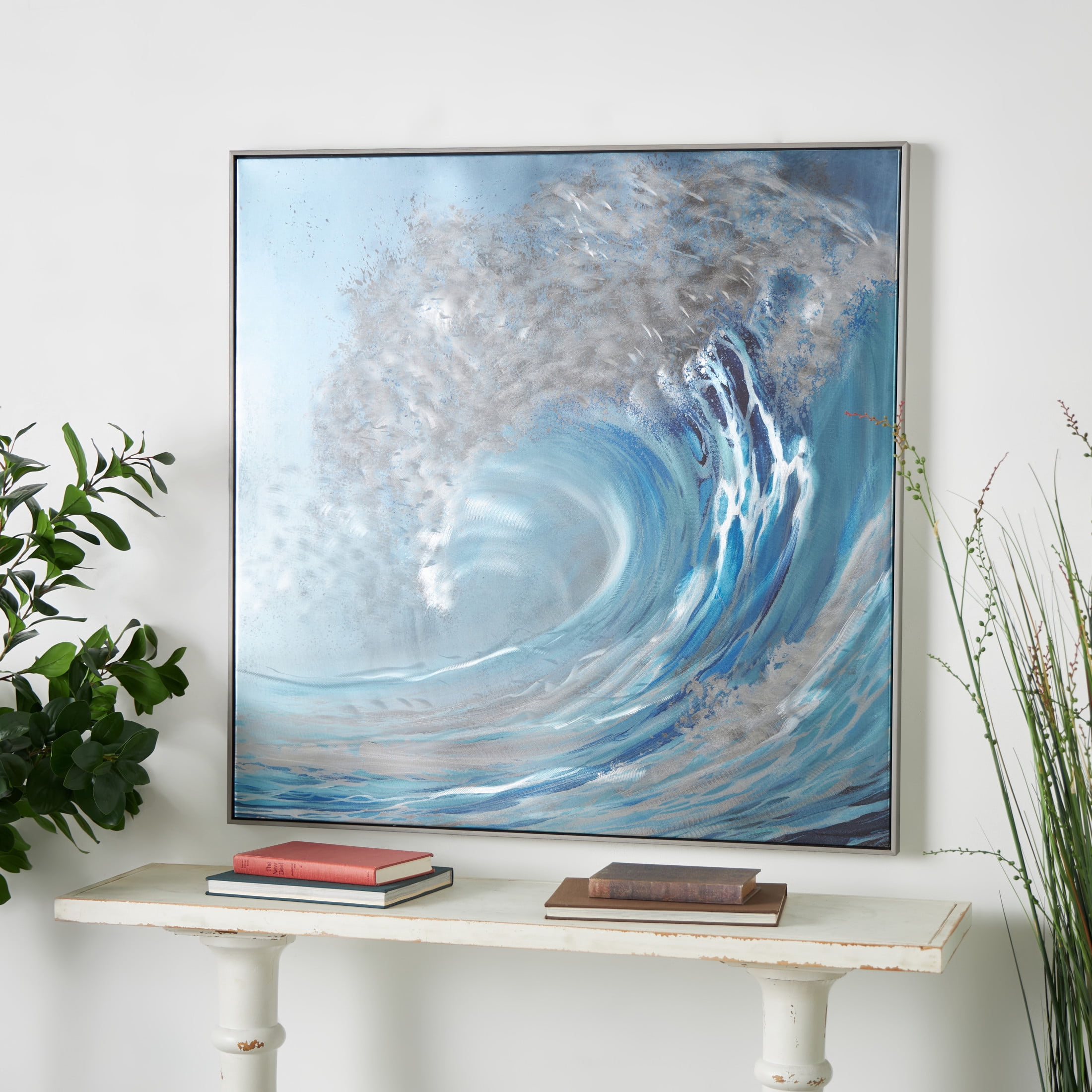 40" x 40" Wave Nautical Framed Wall Art with Silver Frame and White Accents, by DecMode