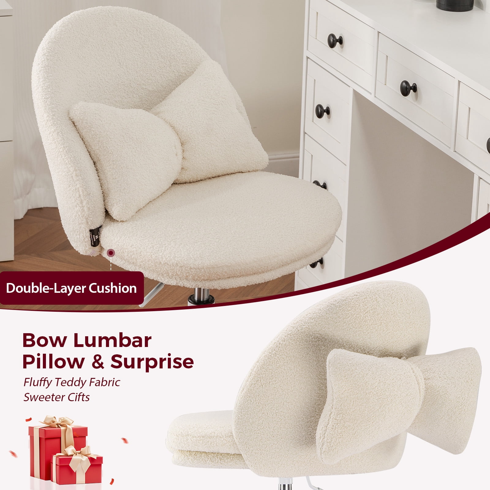 CloudRest Pro Vanity Chair with Back & Wheels, Adjustable Swivel Velvet Stool for Bedroom, Home Office, White