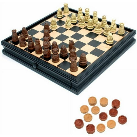 Medieval Chess and Checkers Set, Polystone Pieces, Black Stained Wooden Board with Storage Drawer, 15"