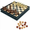 Medieval Chess and Checkers Set, Polystone Pieces, Black Stained Wooden Board with Storage Drawer, 15"