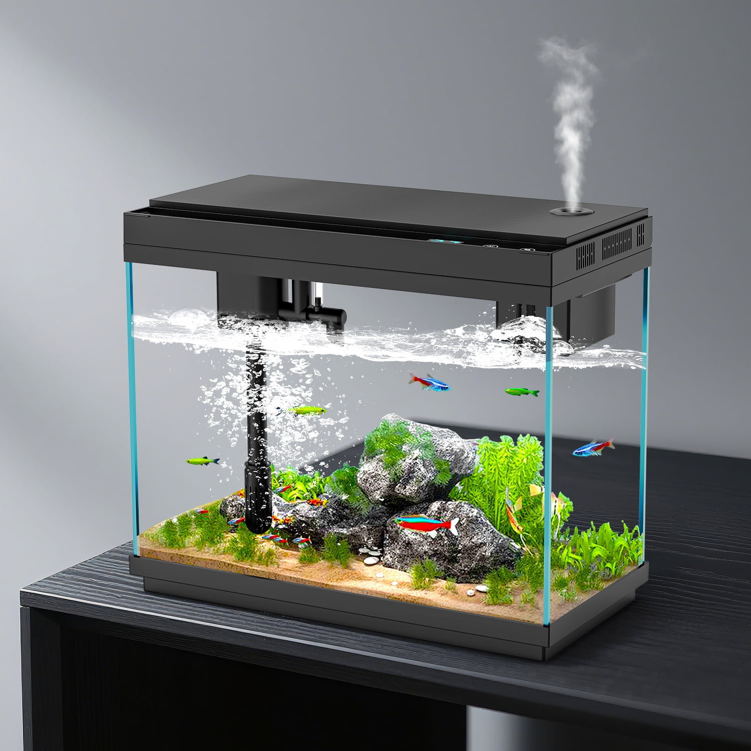 Rechale Smart Fish Tank, 2.4 gal UHD Clear Glass Aquarium with Smart Touch Control, 3-in-1 Silent Pump,7 Color Gradation RGB Lights, Multi-Layer Filtration System,Perfect for Home, Office, and Decor