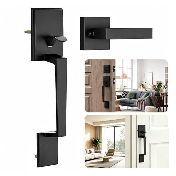 Front Door Handle Set, Zinc Alloy Entry Door Handle No Lock with Passage Lever, Fits 30-45mm Thick Doors, Matte Black Exterior Door Handle for Home Security, Reversible for Left & Right Hand Door