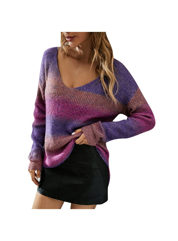 Olyvenn V Neck Sweater Pullover Women's Plus Size Loose Female Casual Leisure Fashion Women Toose Long Sleeve Pulloper Sweater Gradiant Printed for 2022 Women Tops Purple S