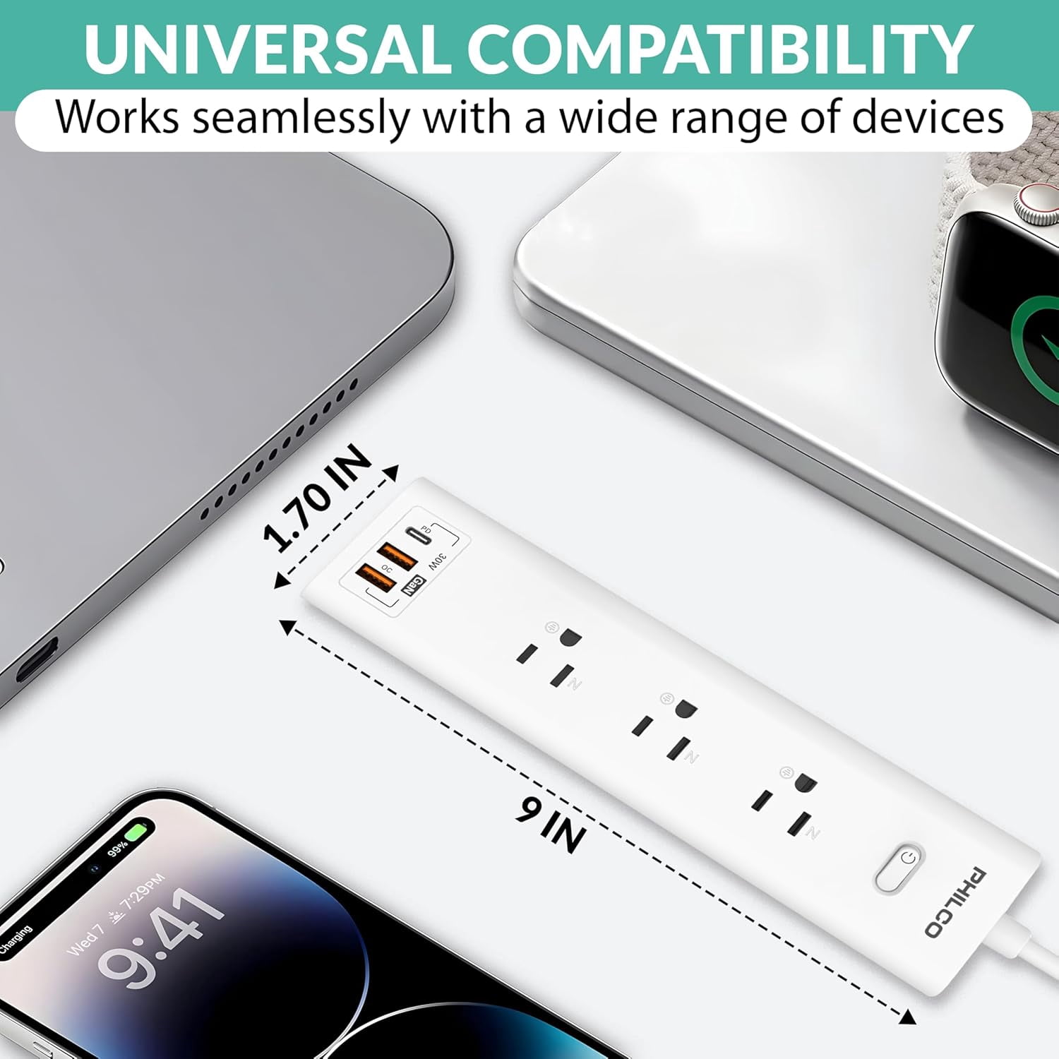 Philco Surge Protector Power Strip, Power Outlet, Surge Protector with USB Ports, 30W 3 Outlets W/ 1 USB-C & 2 USB-A Ports, 6ft Extension Cord with Multiple Outlets, Flat Plug, Home Office Essentials