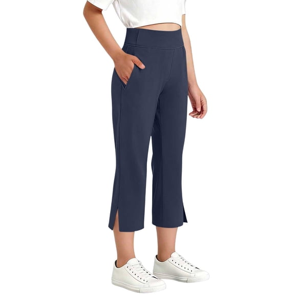 Maqroz Girls Flare Capri Pants High Waisted Stretchy Yoga Split Hem Summer Athletic Gym Trousers with Pockets Back to School pants 6-15 Years