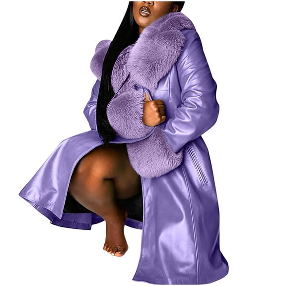 Lilgiuy Clearance under 10$ Womens PU Leather Coat Long Jacket Tops Casual Button Down Long Sleeve Fall Clothes Warm Fluff Winter Lapel Overcoat